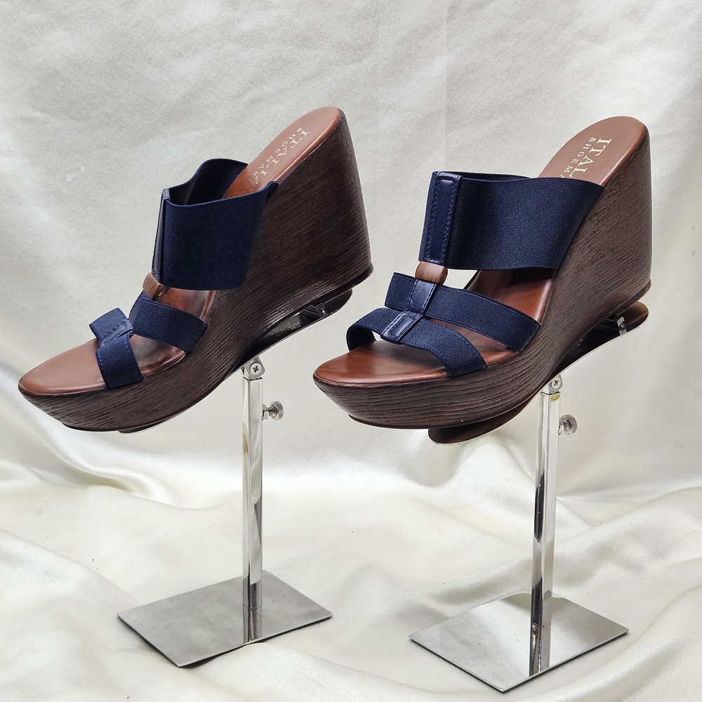 Italian shoemakers wedge, Slip On heels Flex Strap sandals sz 8.5 Blue Brown - Picture 3 of 6